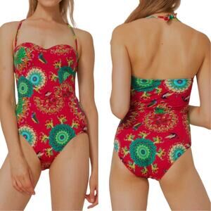 Desigual One Piece Swimsuit Size M Tropical Removable Straps Flowers Birds